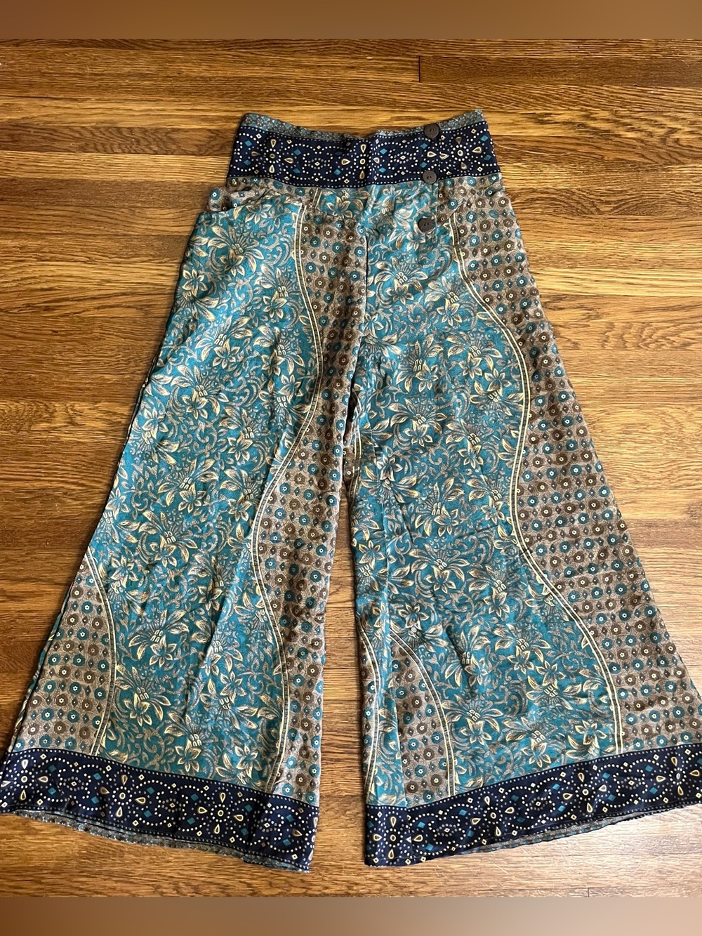 O.P.T. Silk palazzo wide leg pants S boho festival hippie artsy metallic